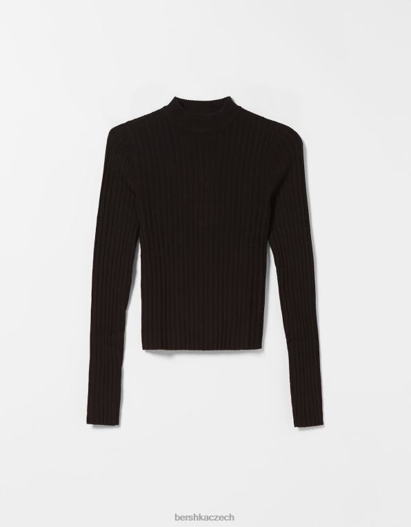 ženy Bershka žebrovaný falešný svetr s výstřihem P88441021 oblečení Černá
