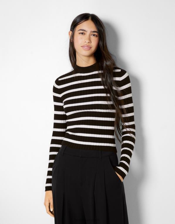 ženy Bershka žebrovaný falešný svetr s výstřihem P88441022 oblečení krém