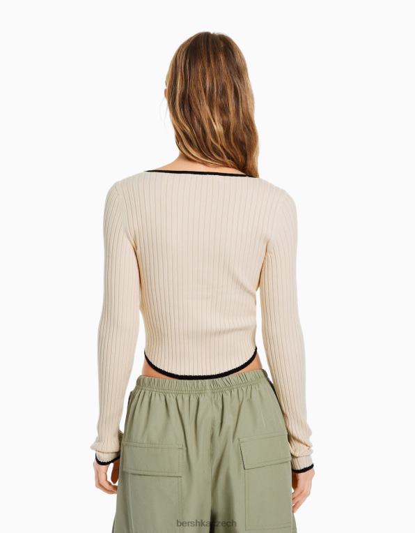 ženy Bershka žebrovaný svetr s dlouhým rukávem a mašličkovým výstřihem P88441027 oblečení krém
