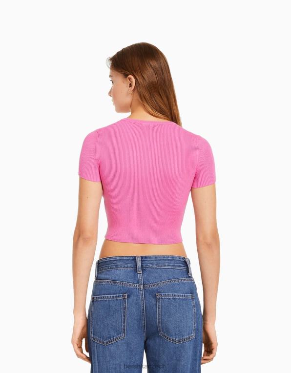 ženy Bershka žebrovaný svetr s krátkým rukávem P8844612 oblečení růžový