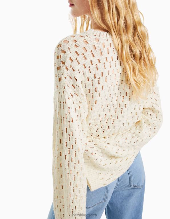 ženy Bershka otevřený pletený rustikální svetr s výstřihem P8844996 oblečení krém