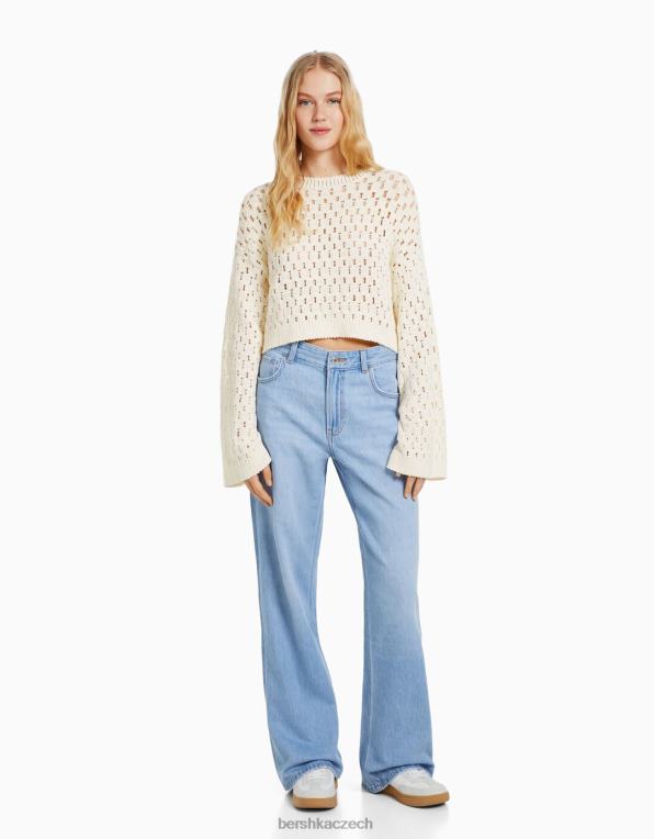 ženy Bershka otevřený pletený rustikální svetr s výstřihem P8844996 oblečení krém