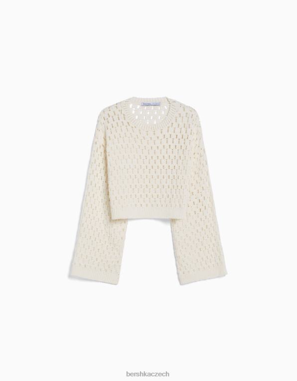 ženy Bershka otevřený pletený rustikální svetr s výstřihem P8844996 oblečení krém