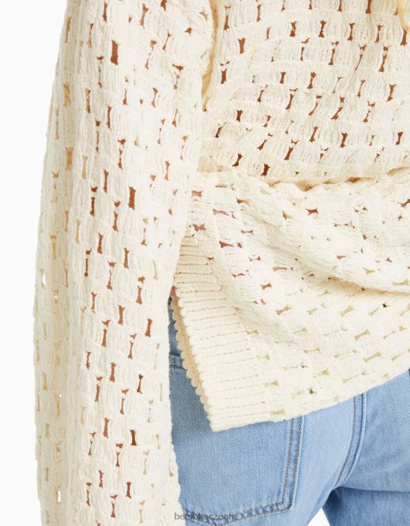 ženy Bershka otevřený pletený rustikální svetr s výstřihem P8844996 oblečení krém