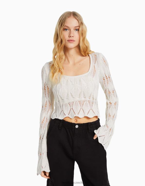 ženy Bershka otevřený pletený svetr s hranatým výstřihem P88441046 oblečení krém