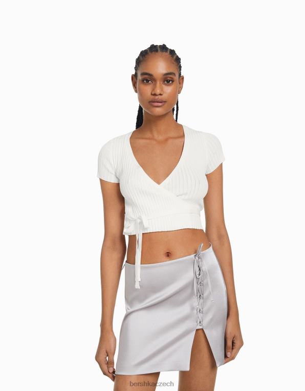 ženy Bershka překřížený balerínový svetr s krátkým rukávem a mašlí P8844535 oblečení krém