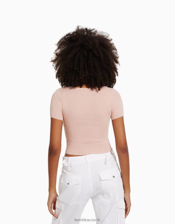 ženy Bershka pletený svetr s krátkým rukávem se srdíčkovým výstřihem P8844539 oblečení růžový