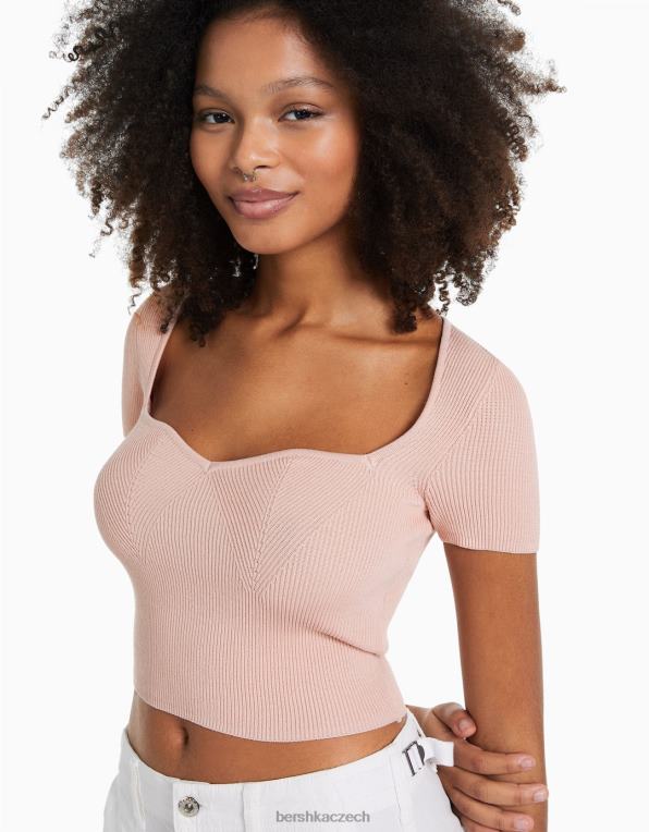 ženy Bershka pletený svetr s krátkým rukávem se srdíčkovým výstřihem P8844539 oblečení růžový