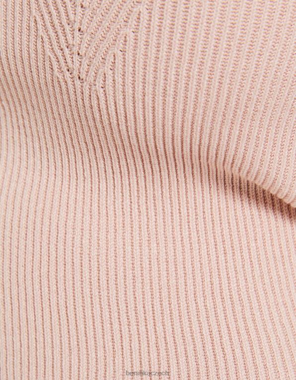 ženy Bershka pletený svetr s krátkým rukávem se srdíčkovým výstřihem P8844539 oblečení růžový