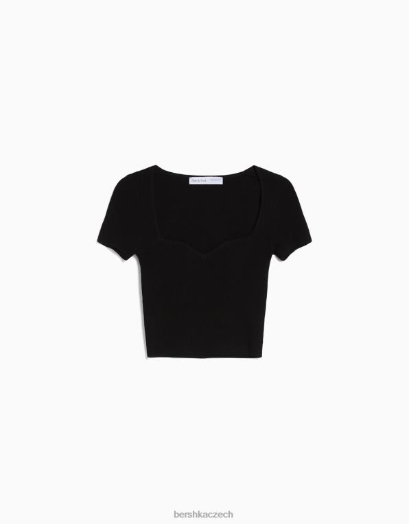 ženy Bershka pletený svetr s krátkým rukávem se srdíčkovým výstřihem P8844542 oblečení Černá