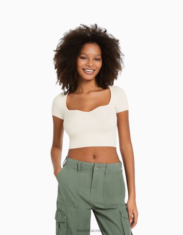 ženy Bershka pletený svetr s krátkým rukávem se srdíčkovým výstřihem P8844994 oblečení krém