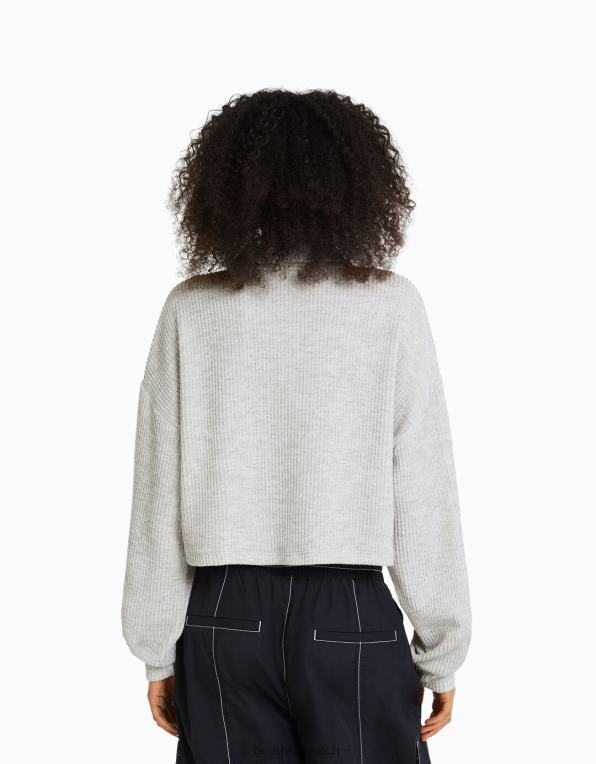 ženy Bershka pletený svetr s vysokým výstřihem a zipem P88441043 oblečení Šedá