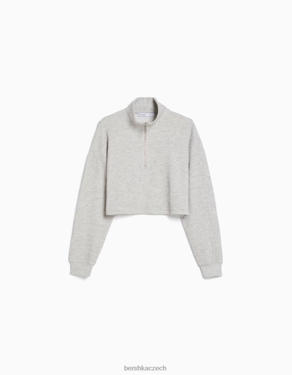 ženy Bershka pletený svetr s vysokým výstřihem a zipem P88441043 oblečení Šedá