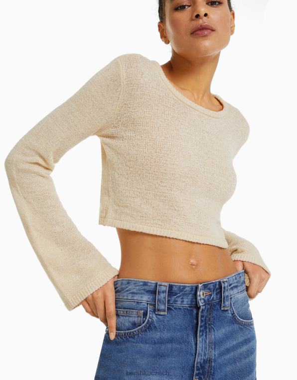 ženy Bershka rustikální svetr s výstřihem P8844978 oblečení krém