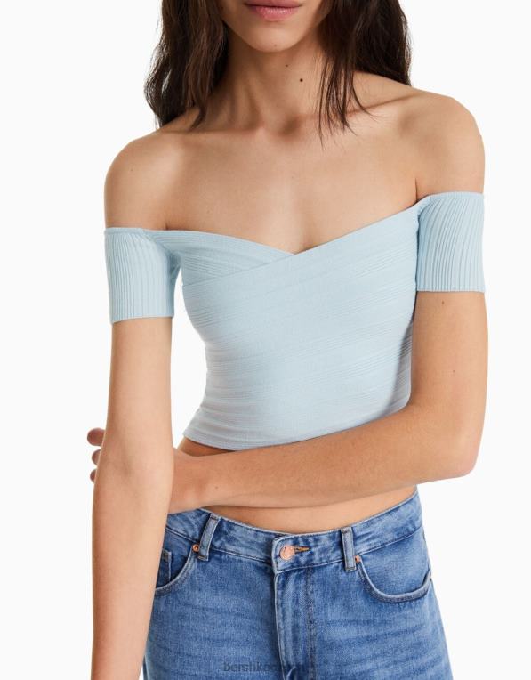 ženy Bershka svetr s krátkým rukávem s překříženým detailem P8844867 oblečení světle modrá