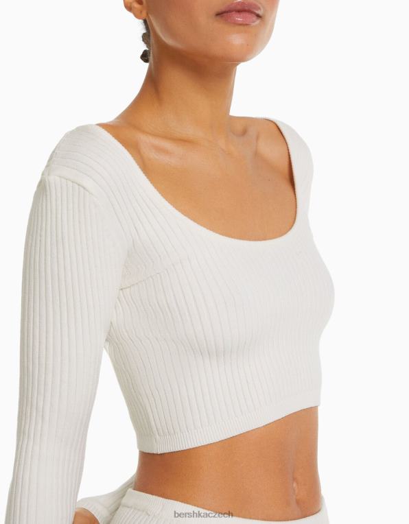 ženy Bershka zkrácený svetr s hlubokým výstřihem P8844968 oblečení krém
