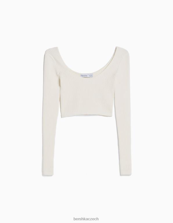 ženy Bershka zkrácený svetr s hlubokým výstřihem P8844968 oblečení krém