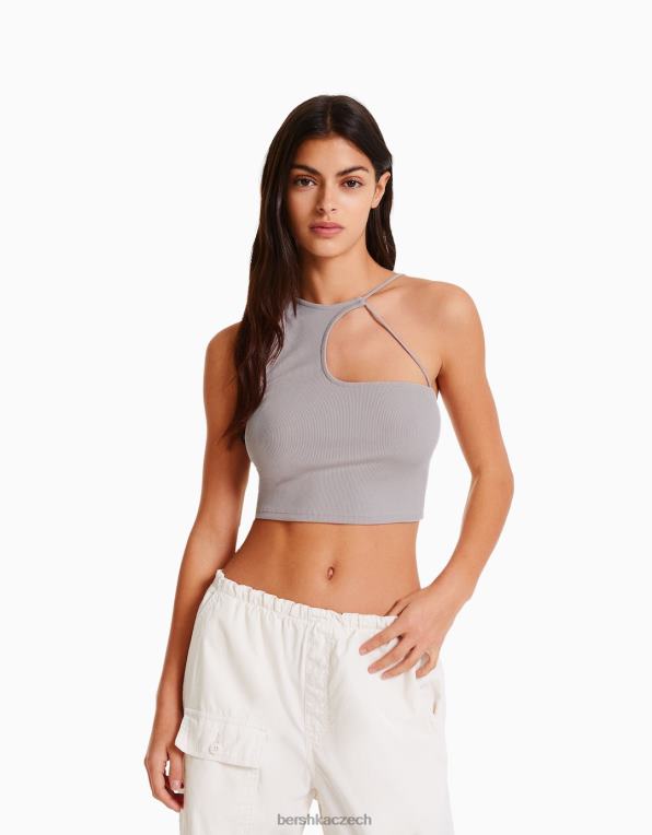 ženy Bershka Asymetrický crop top bez rukávů P8844709 oblečení kámen