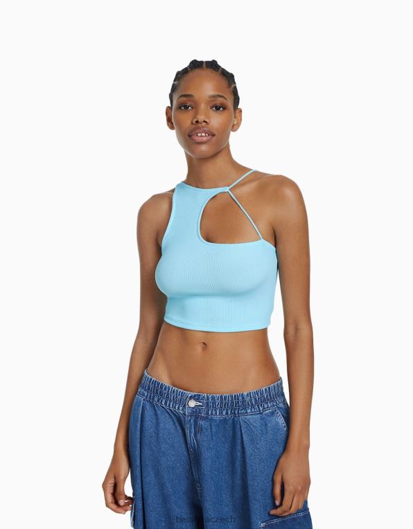 ženy Bershka Asymetrický crop top bez rukávů P8844710 oblečení světle modrá