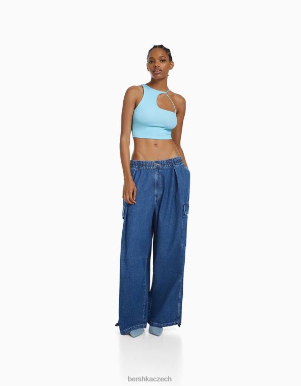 ženy Bershka Asymetrický crop top bez rukávů P8844710 oblečení světle modrá