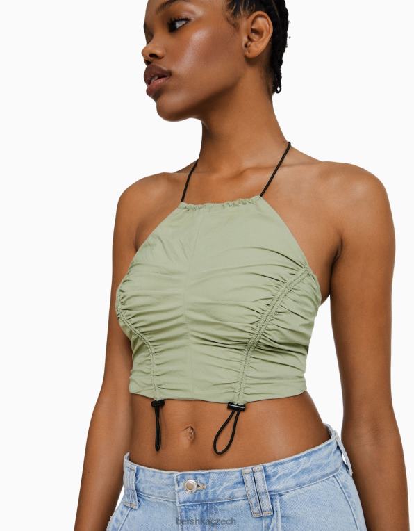 ženy Bershka Nylonový crop top s halterneckem a zarážkami P8844794 oblečení khaki