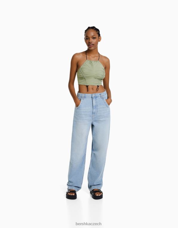 ženy Bershka Nylonový crop top s halterneckem a zarážkami P8844794 oblečení khaki