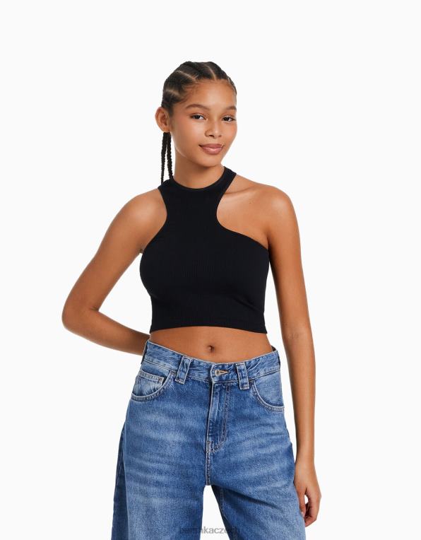 ženy Bershka asymetrický bezešvý top P8844876 oblečení Černá