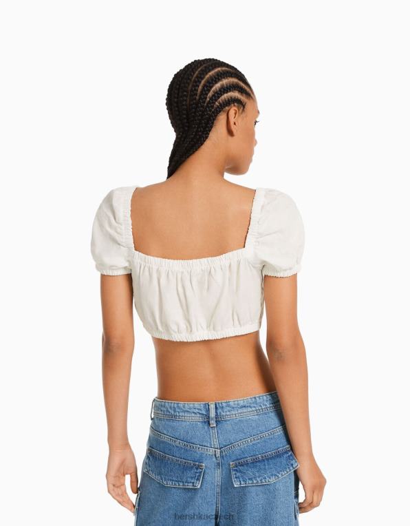 ženy Bershka crop top s krátkým rukávem ze směsi lnu s nabíranými detaily P8844772 oblečení bílý