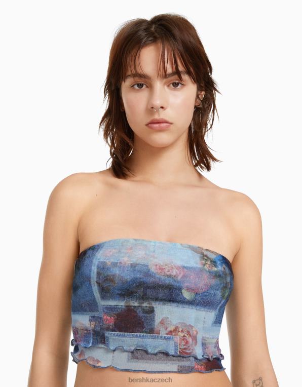 ženy Bershka crop top ze síťoviny s potiskem P8844894 oblečení tyrkysový