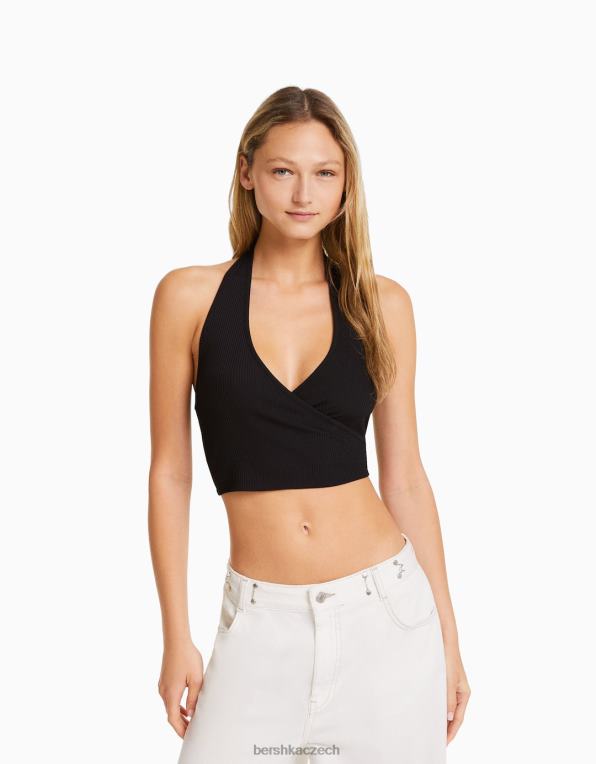 ženy Bershka žebrovaný crop top P8844681 oblečení Černá