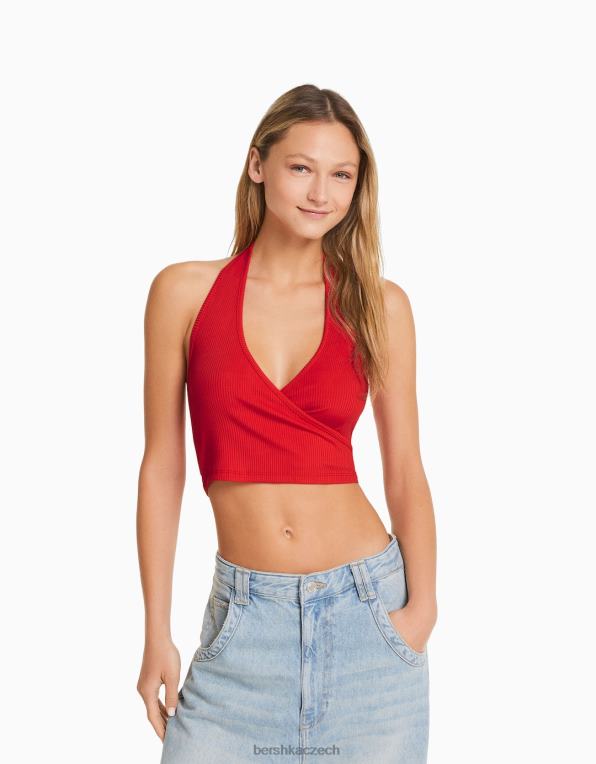 ženy Bershka žebrovaný crop top P8844682 oblečení Červené