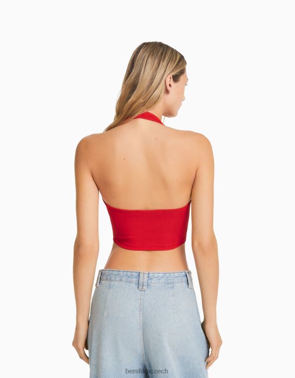 ženy Bershka žebrovaný crop top P8844682 oblečení Červené