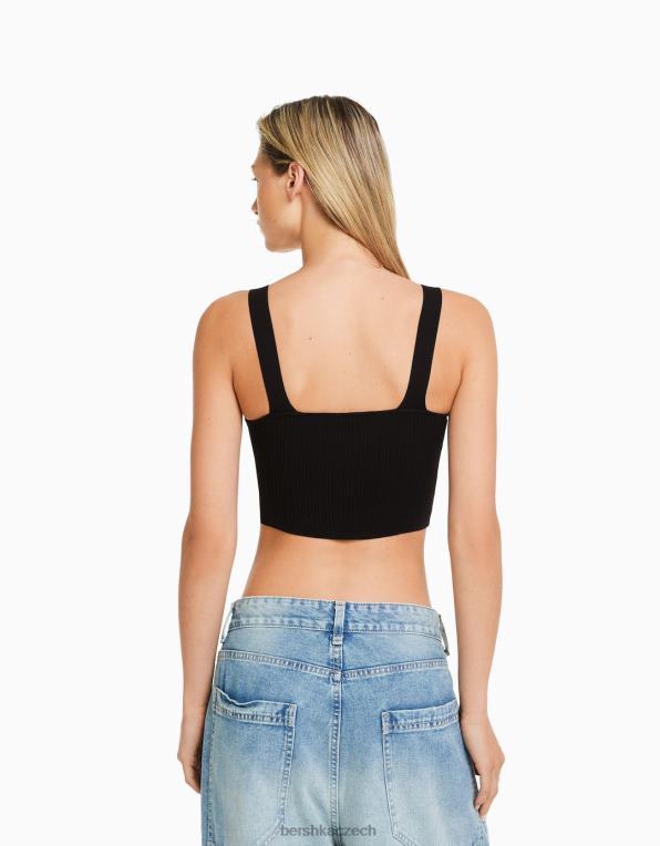 ženy Bershka žebrovaný nylonový top s ramínky P8844835 oblečení Černá
