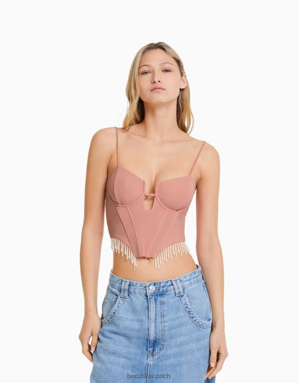 ženy Bershka korzetový top s detaily z umělých perel P8844767 oblečení růžový