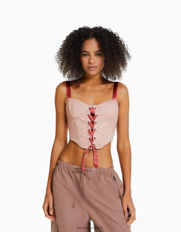 ženy Bershka korzetový top z umělé kůže se saténovými ramínky a tkaničkami P8844722 oblečení růžový