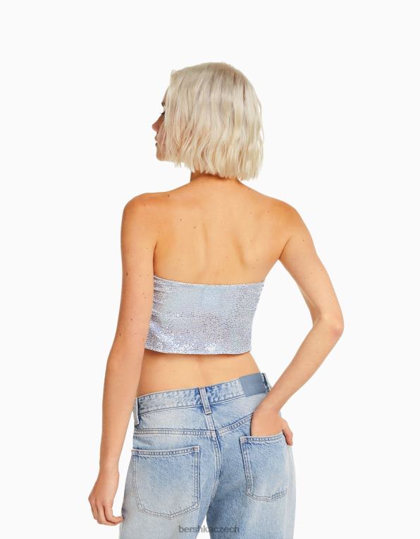 ženy Bershka lesklý bandeau top s vykrojeným detailem a kravatou P8844739 oblečení stříbrný