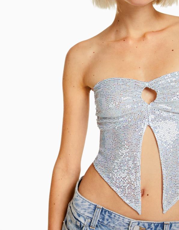 ženy Bershka lesklý bandeau top s vykrojeným detailem a kravatou P8844739 oblečení stříbrný