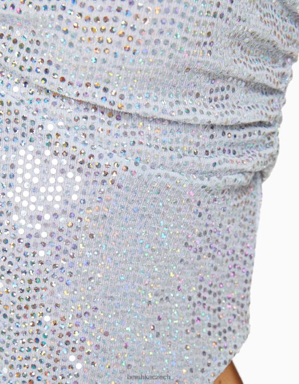 ženy Bershka lesklý bandeau top s vykrojeným detailem a kravatou P8844739 oblečení stříbrný