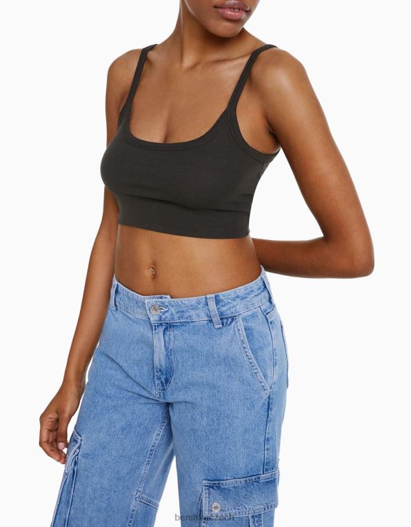 ženy Bershka oříznuté tílko P8844815 oblečení tmavošedý