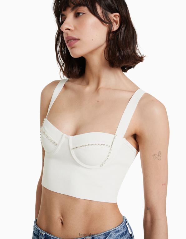 ženy Bershka páskový úplet zdobený drahokamy P8844838 oblečení bílý