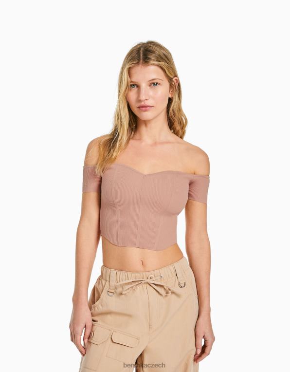 ženy Bershka pletený korzet s krátkým rukávem mimo rameno P8844805 oblečení růžový