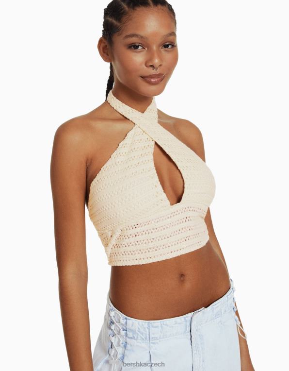 ženy Bershka úpletový top ohlávka P88441933 oblečení béžový