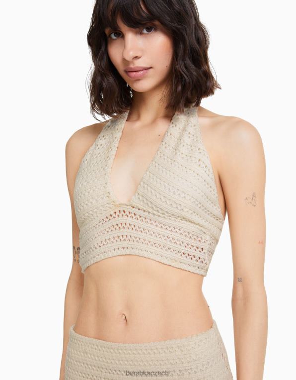 ženy Bershka úpletový top ohlávka P8844753 oblečení béžový