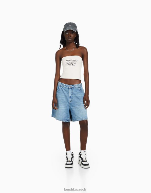 ženy Bershka potištěný bandeau top P8844886 oblečení špinavě bílé