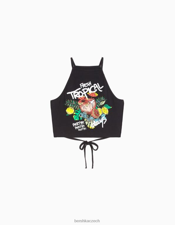 ženy Bershka potištěný páskový top se stahovací šňůrkou P8844656 oblečení Černá