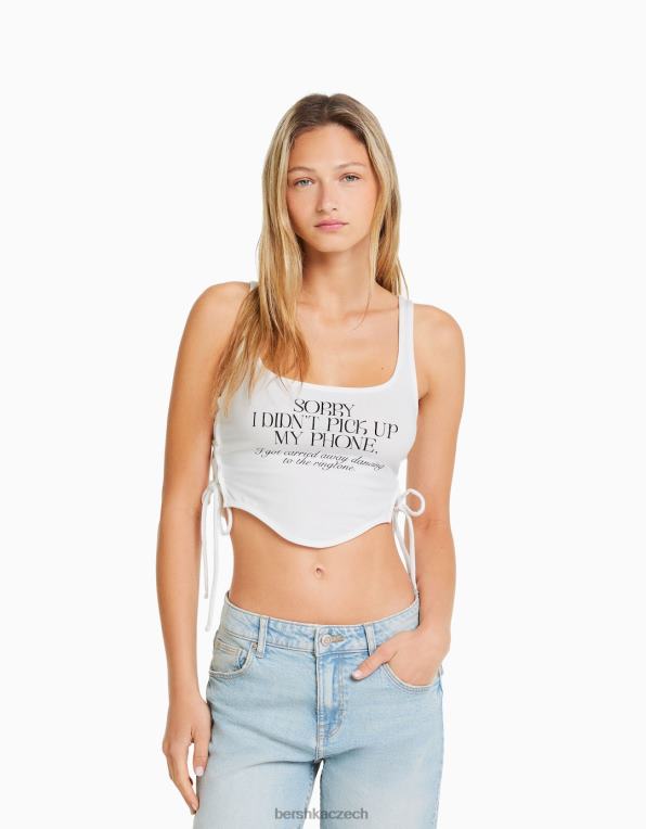 ženy Bershka potištěný top bez rukávů se zavazováním na bocích P8844679 oblečení krém