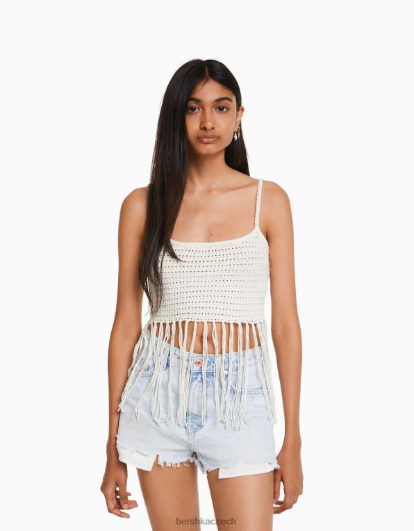 ženy Bershka prolamovaný top s třásněmi P8844822 oblečení bílý