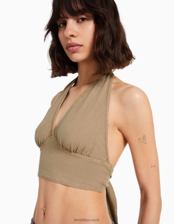 ženy Bershka rustikální crop top ze směsi lnu P8844734 oblečení béžový