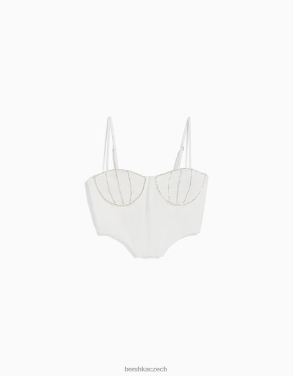 ženy Bershka top s výstřihem zdobeným kamínky P8844727 oblečení bílý