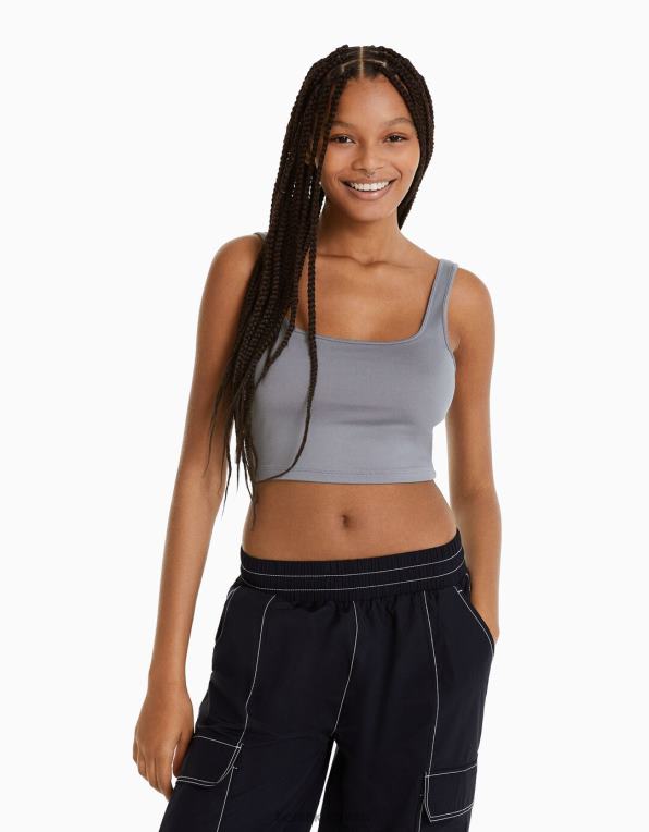 ženy Bershka top se širokými ramínky P8844800 oblečení tmavošedý